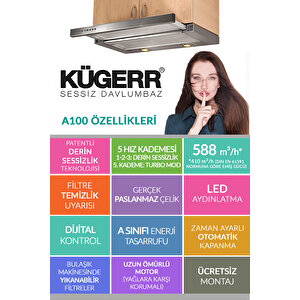 Kügerr A100 60 Cm Siyah Sürgülü Sessiz Aspiratör