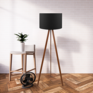 Pratik Ahşap Üç Ayaklı Tripod Lambader Siyah Kumaş Başlık Salon