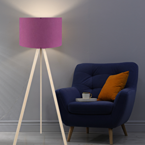 Pratik Ahşap Krem Üç Ayaklı Tripod Lambader Mor Kumaş Başlık Salon