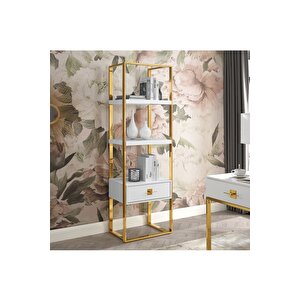 Rihanna Gold Metal Beyaz Çalışma Masası Ve 2 Adet Kitaplık