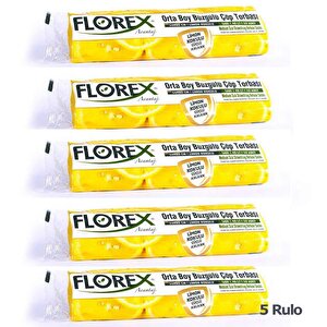 Florex 40 Litre Büzgülü Limon Kokulu Sarı Çöp Torbası Poşeti / 55 X 60 Cm. - 10 Adetlik 5 Rulo