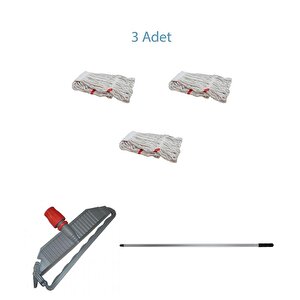 Geniş Yedek Islak Paspas Mop Takımı Seti - 3 Adet Geniş Islak Mop Başlığı  + Metal Sap + Mop Tutucu