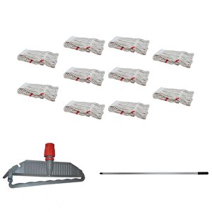Geniş Yedek Islak Paspas Mop Takımı Seti - 10 Adet Geniş Islak Mop Başlığı  + Metal Sap + Mop Tutucu