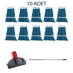 Cod-ex Çift Kovalı Temizlik Arabası Seti Yedek Mop Takımı - 10 Adet 17 Cm. Dar Mop + Mop Tutucu + Sap