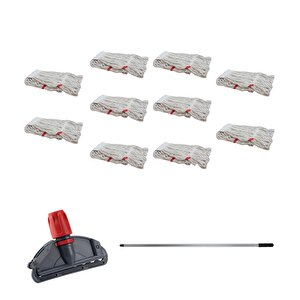 Dar Yedek Islak Mop Takımı - 10 Adet Beyaz 350 Gr. 17 Cm. Islak Mop + Metal Sap + Mop Tutucu