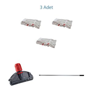 Dar Yedek Islak Mop Takımı - 3 Adet Beyaz 350 Gr. 17 Cm. Islak Mop + Metal Sap + Mop Tutucu