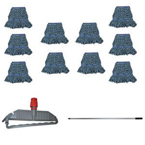 Cod-ex Geniş Yedek Islak Mop Paspas Takımı - 10 Ad 25 Cm. 500 Gr. Islak Mop + Mop Tutucu + Metal Vidalı Sap