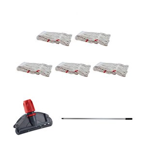 Cod-ex Dar Yedek Islak Mop Takımı - 5 Adet Beyaz 450 Gr. 17 Cm. Islak Mop + Metal Sap + Mop Tutucu