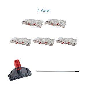Cod-ex Dar Yedek Islak Mop Takımı - 5 Adet Beyaz 450 Gr. 17 Cm. Islak Mop + Metal Sap + Mop Tutucu