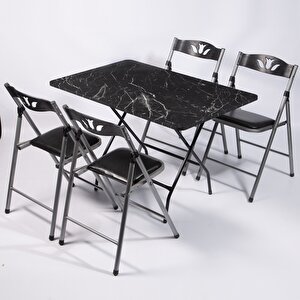 70x110 Siyah Mermer Desenli Katlanır Masa Ve 4 Adet Sandalye Seti 1131