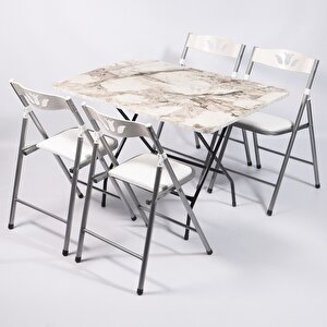 70x110 Beyaz Mermer Desenli Katlanır Masa Ve 4 Adet Sandalye Seti 1128