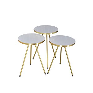 Zigon Sehpa 3'lü Gold Metal Ayak Beyaz Gold