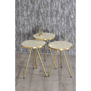 Zigon Sehpa 3'lü Gold Metal Ayak Krem Gold