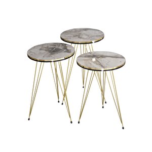 Zigon Sehpa 3'lü Gold Metal Ayak Krem Gold