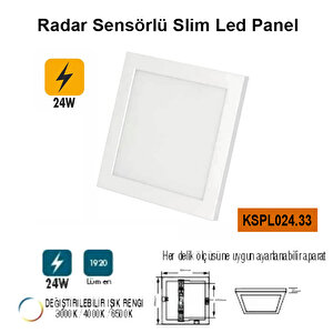 24w Radar Sensörlü Slim Led Panel -Işık Rengi Değiştirilebilir Kspl024.33