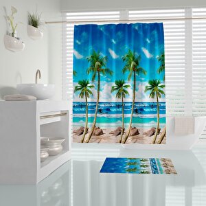Zethome Tropik Palm Beach Banyo Duş Perdesi Tek Kanat 1x180x200