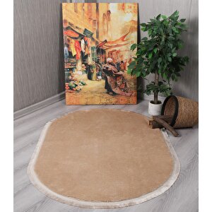 Modern Dekoratif Oval Spor Saçaklı Puffy Peluş Halı Yolluk 40x60 cm