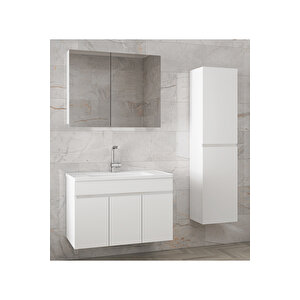 Viola3-Beyaz 80+35 Cm Mdf-Aynalı Seramik Lavabolu Banyo Dolabı Takımı