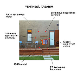 ÇAMAŞIR KURUTMALIK, GALV. ÇELİK, DAYANIKLI, DUVARA MONTE, İÇ VE DIŞ MEKAN, PASLANMAZ 70 CM 5 BORULU