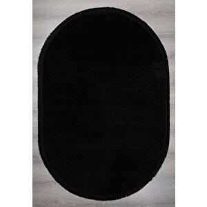 Modern Dekoratif Oval Spor Saçaklı Puffy Peluş Halı Yolluk Siyah