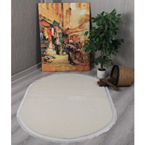 Modern Dekoratif Oval Spor Saçaklı Puffy Peluş Halı Yolluk Krem