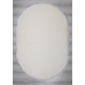 Modern Dekoratif Oval Spor Saçaklı Puffy Peluş Halı Yolluk Krem