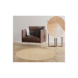 Modern Dekoratif Halı Jel Kaymaz Taban  Peluş  Puffy Yuvarlak  Bej Cappuccino 200x200 cm
