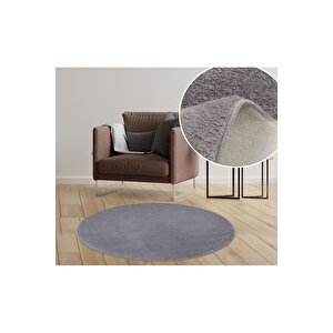 Modern Dekoratif Halı Jel Kaymaz Taban  Peluş  Puffy Yuvarlak  Gri 120x120 cm