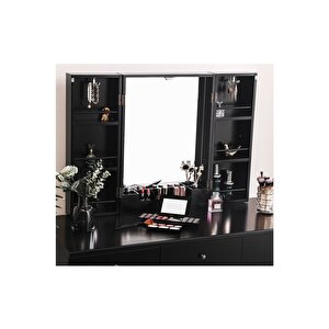 Parker Siyah Ahşap Makyaj Masası & Tabure & Ayna Dolabı