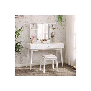 Parker Beyaz Ahşap Makyaj Masası & Tabure & Ayna Dolabı Beyaz