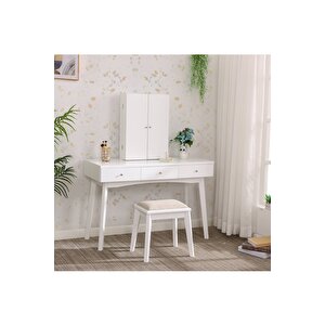 Parker Beyaz Ahşap Makyaj Masası & Tabure & Ayna Dolabı
