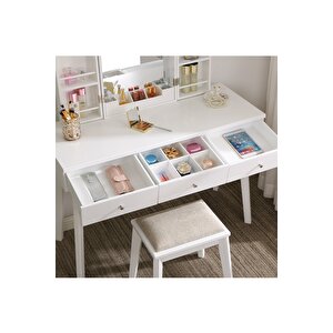 Parker Beyaz Ahşap Makyaj Masası & Tabure & Ayna Dolabı Beyaz