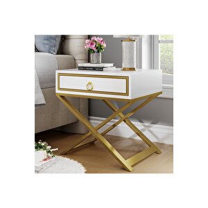 Jasmin Gold Metal Beyaz Komodin Beyaz