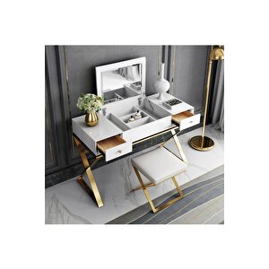 Alisha Gold Metal Beyaz Makyaj Masası & Tabure