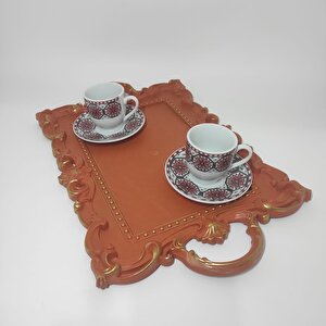 Modern Turuncu Yaldızlı 41-25 Cm Saray Desenli Kabartmalı Servis Tepsisi Sunum Tepsisi Çay Kahve Tepsi