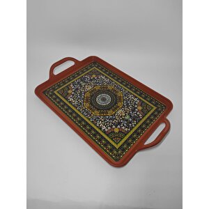 Modern Ethnic Desenli 39-26 Cm Motif İşlemeli Servis Sunum Çay Tepsisi Karamel