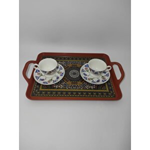 Modern Ethnic Desenli 39-26 Cm Motif İşlemeli Servis Sunum Çay Tepsisi Karamel