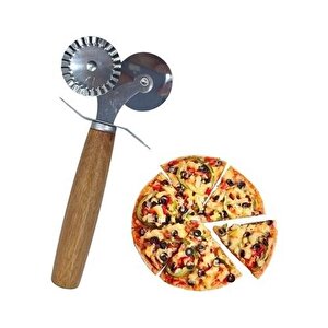 Çift Başlı Ahşap Saplı Pizza Kesici Paslanmaz Çelik Lüx Metal Hamur Kesici Hamur Pizza Kesici