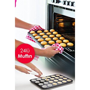 24 Bölmeli Yanmaz Ve Yapışmaz Kek Kapsülü Yapışmaz Mini Tart Kek Kapsülü Muffin Ekler Kalıbı 35-27 Cm