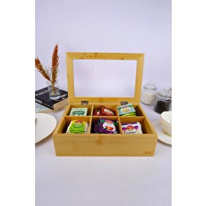 Digithome Bambu Çay Kutusu 6 Bölmeli Kapaklı Bitki Çayı Saklama Kabı Kahverengi - A/6 C1-1-289
