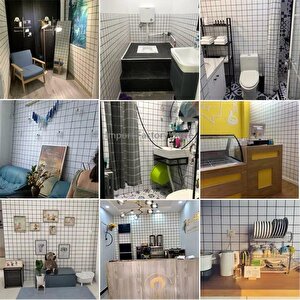 60x30cm Shiny Siyah Çizgili Beyaz Kare Yapışkanlı Karavan Prefabrik Banyo Wc Duvar Kaplama Paneli