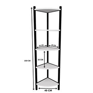 Eris 5 Raflı Köşe Kitaplık Mutfak Rafı Dekoratif Aksesuar Rafı Çok Amaçlı Banyo Dolabı 100x40 Cm - Beyaz