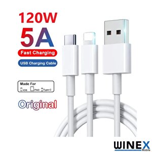 2in1 5a 120w Usba To Type-c Ve Lightning Hızlı Data Ve Şarj Kablosu 120cm Beyaz
