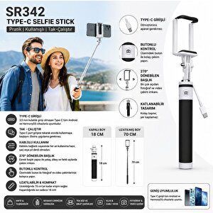 Sr342 Katlanabilir Type-c Girişli Selfie Stick Çubuğu Siyah