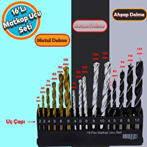 16'lı Matkap Ucu Set Paket Beton Duvar Ahşap Metal Çelik Delme Değişik Uzunluk Çap Uç Seti