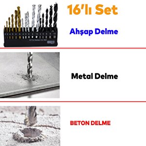 16'lı Matkap Ucu Set Paket Beton Duvar Ahşap Metal Çelik Delme Değişik Uzunluk Çap Uç Seti