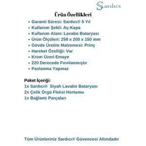 Sardıcı Eagle Serisi Siyah Lavabo Bataryası Kısa  L Boru Birinci Sınıf Ham Madde