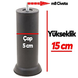 Mobilya Kanepe Baza Koltuk Destek Ayağı M8 Civata Siyah Ayak 15cm