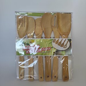 6 Parça Ahşap Bambu Servis Seti Çizmez Pişirme Ve Yemek Servis Sunum Seti Ahşap Spatula Kaşık Çatal Set