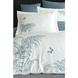Tropical Nakışlı %100 Pamuk Saten Çift Kişilik Nevresim Takımı Krem Yeşil